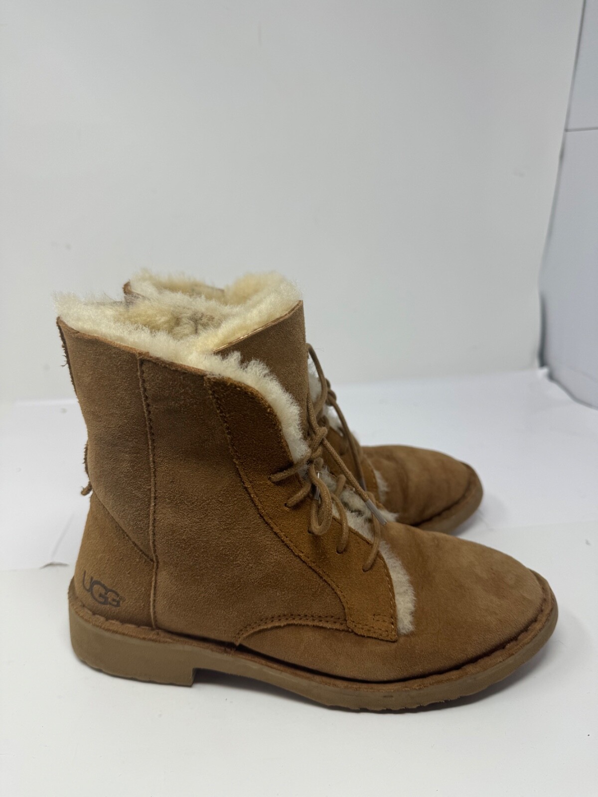 UGG QUINCY CHESTNUT SUEDE SHEEPSKIN ANKLE COMBAT BOOTS WOMEN US 7