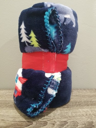 NEW SUPER SOFT COZY PLUSH THROW BLANKET 50" X 60" CAMPER WITH BEARS & TREES BLUE