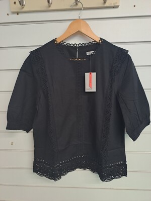 OASIS LADIES LACE TRIM POPLIN TOP BLACK SIZE 14 (ref 1)