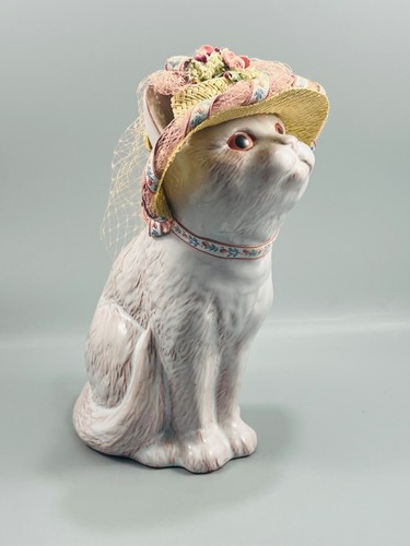 Hand Crafted Terracotta Clay White Kitty Cat w/ Straw Hat 9.5" Tall