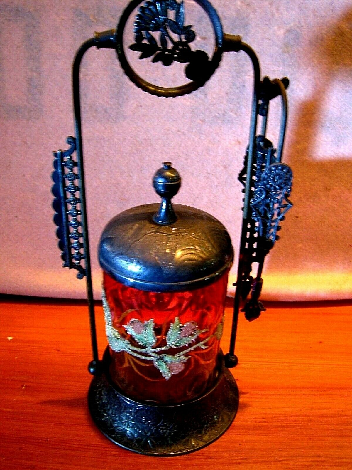 Derby Pickle Castor.....Cranberry Hand Decorated Jar...Antique....Complete