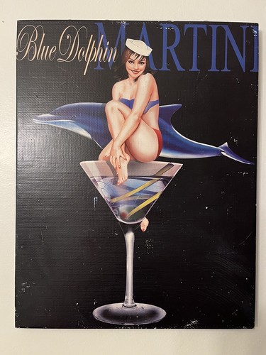 VTG Blue Dolphin Martini Wall Sign Bar Art Pinup Sailor Girl