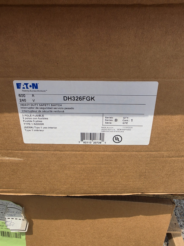 New Eaton DH326FGK Heavy Duty FUSED Safety Switch - 600A/240V/3P3W