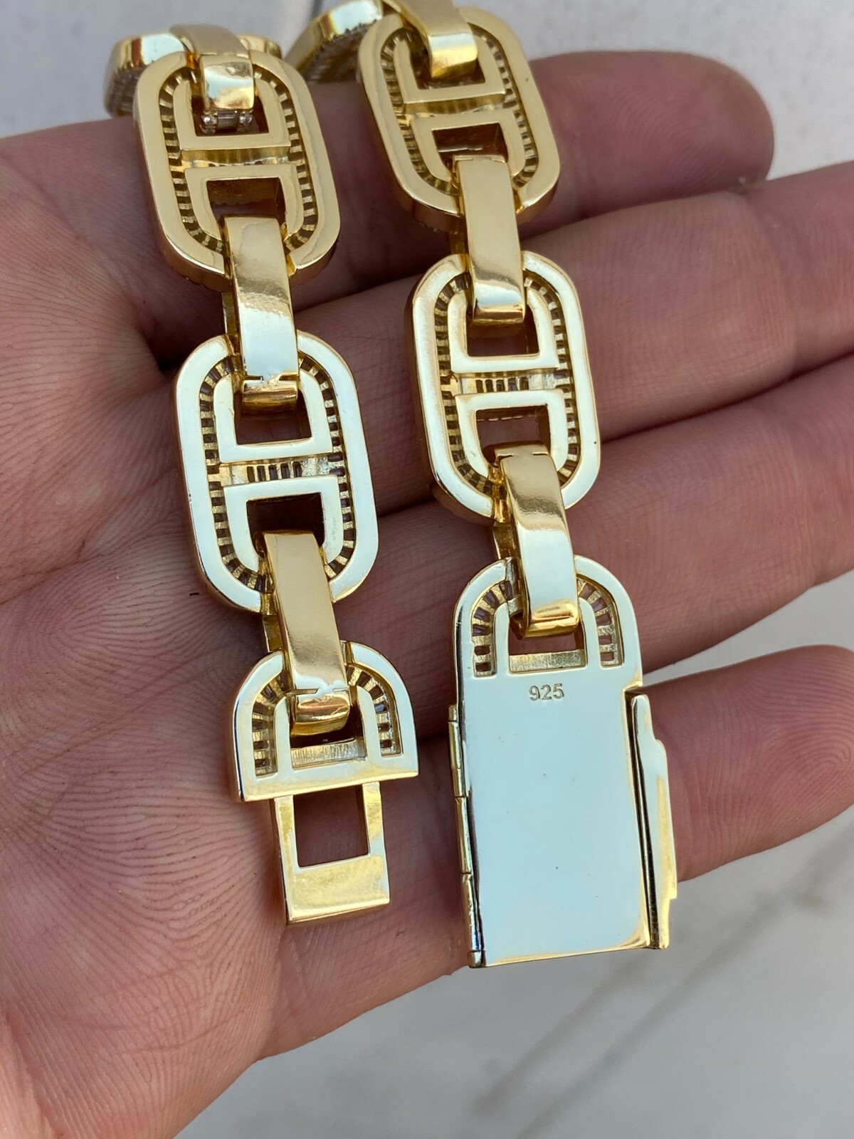 Pre-owned Silver Men's Real 14k Gold Plated Solid 925  Baguette Gucci Link Bracelet 15mm Cz