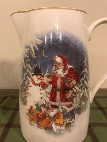Pottery Barn Statement Santa White Pitcher with Santa/Snowman Trimmed In Gold.