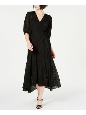 

CALVIN KLEIN Женское черное платье с запахом и рукавами 3/4 с V-образным вырезом чайной длины, Черный