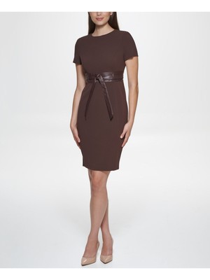 

CALVIN KLEIN Женское коричневое платье из искусственной кожи с поясом и поясом Petites, Коричневый