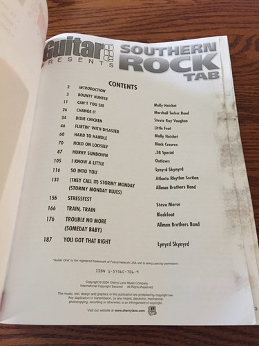 Guitar One Presents Southern Rock Tab Very Good Condition Paperback