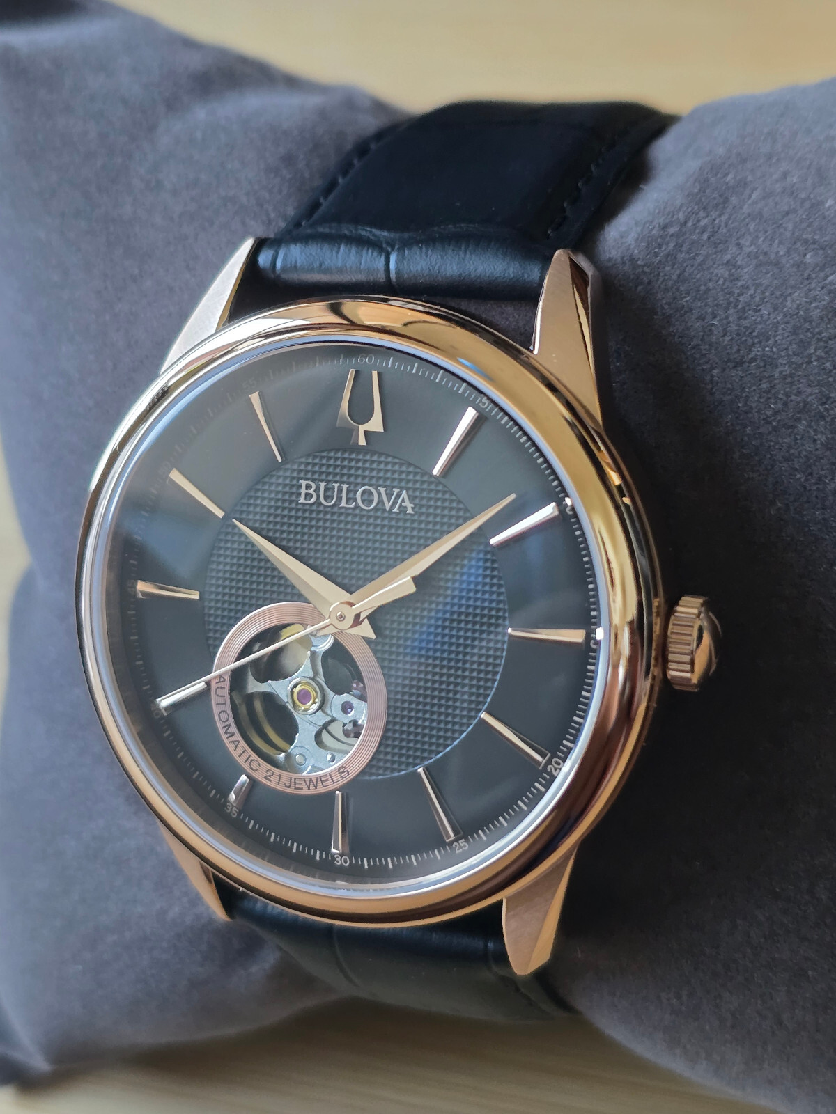 Pre-owned Bulova Automatic Men's Watch Rose Gold Tone Leather Band 97a140