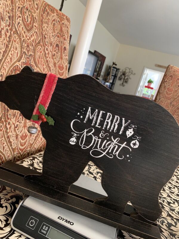 Rustic Wood Bear Holiday Standing Sign 17x12” New