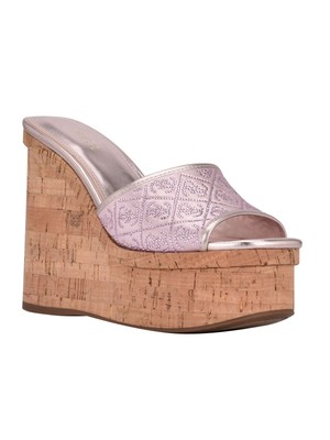 Женские босоножки GUESS из розовой пробки на платформе с круглым носком и без застежки на танкетке и каблуке 8 М