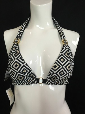 Reversible Beach Bunny Swimwear Nauti & Nice Halter Swim Top Medium Black White