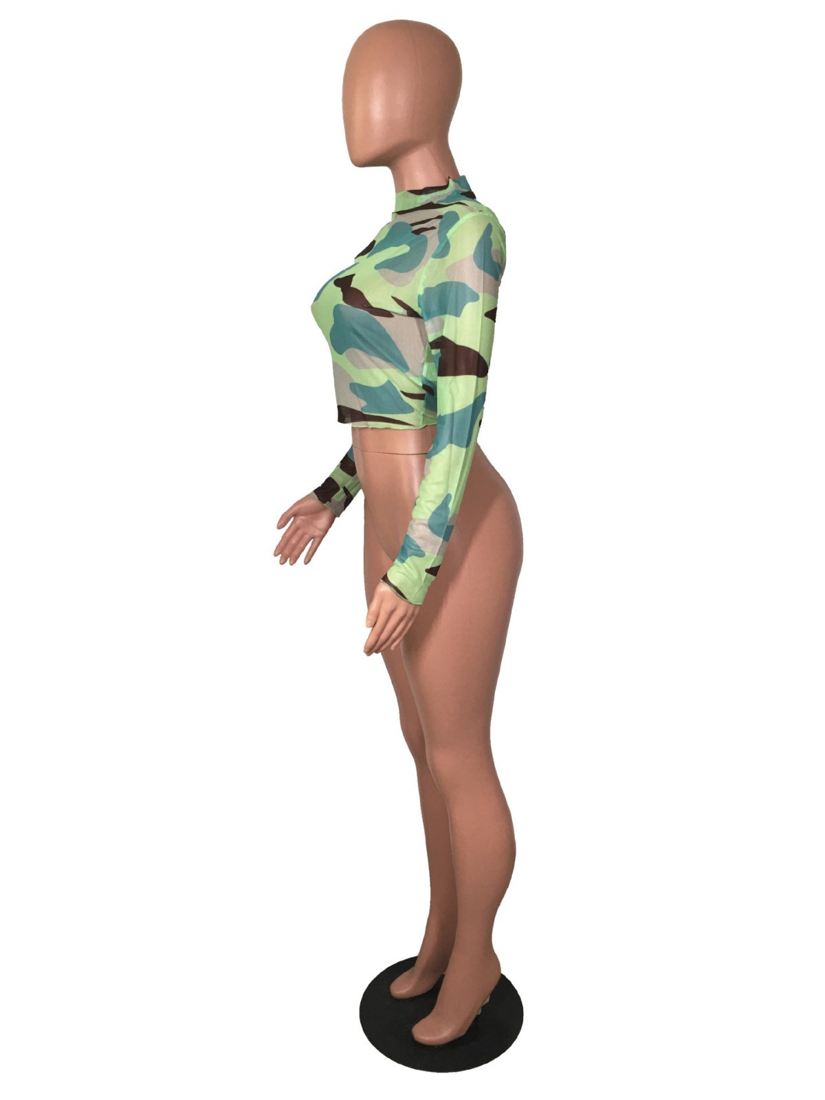 Download Fall Women Sexy Mock Neck Mesh Camouflage Print Short T ...