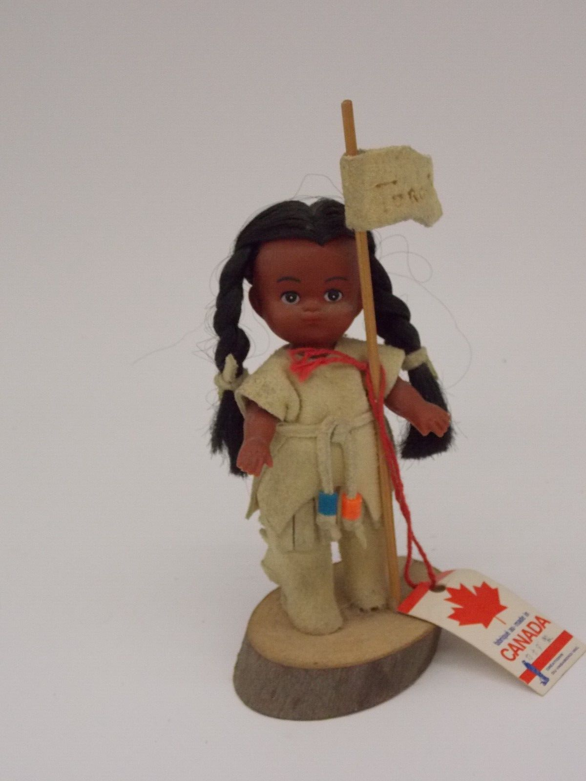Vintage Canadian Indian 5" Doll with Tag Handmade Wood Stand Toronto Flag