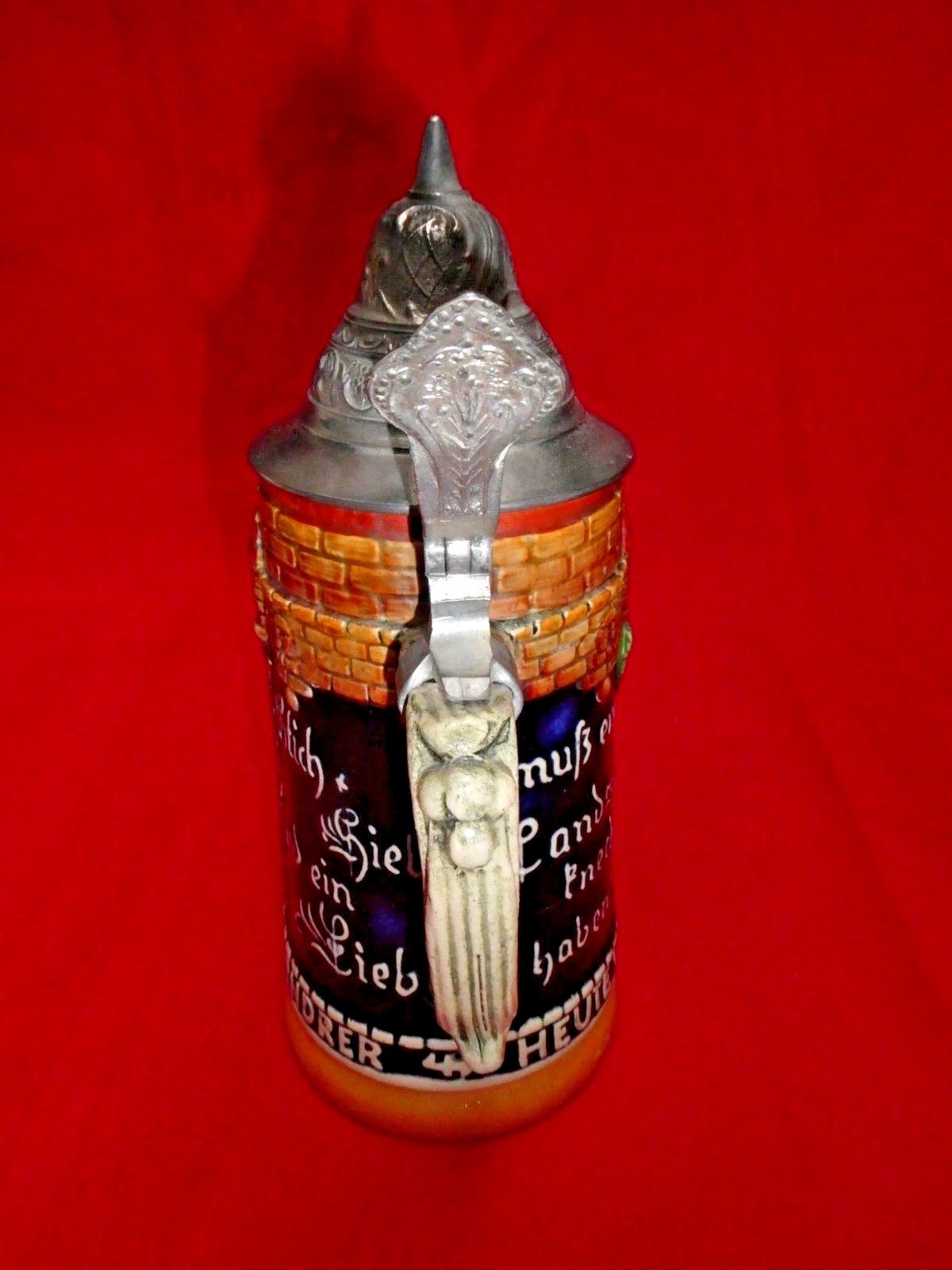 Lidded German Beer Stein DBGM Pewter Lid, Colorful Figures in Relief – 7.5 in.hi