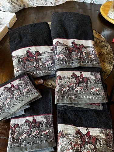 VTG Hampton Manor Fox Hunt Black Bathroom Towel Set Of 6 NEW See Description