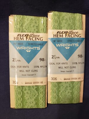 Vintage NOS Wrights Flexi-Lace Stretchable Seam Binding grass green 42 lot of 2