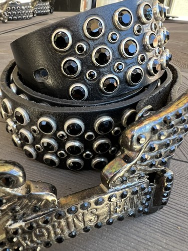 Pre-owned Handmade Robins Jean Hand Made Leather Belt With Black Stone Studs 100% Made In Italy