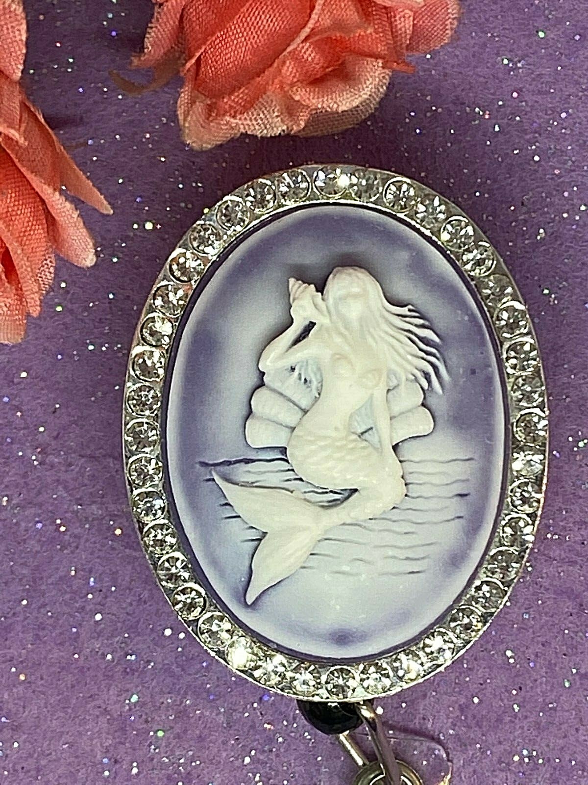 Mermaid White Lilac Cameo Rhinestone Pendant ID Work Badge Holder Teacher Ocean