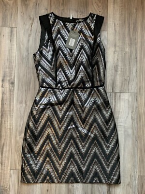 Oasis Silver Black Metallic Jacquard Zig Zag Shift Dress size 8 BNWT