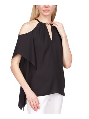 MICHAEL KORS Womens Black Handkerchief Hem Elbow Sleeve Round Neck Top XS