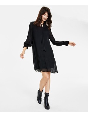 Женское черное платье-сорочка DKNY с длинными рукавами и разрезом на подкладке и манжетами-завязками Petites 2P
