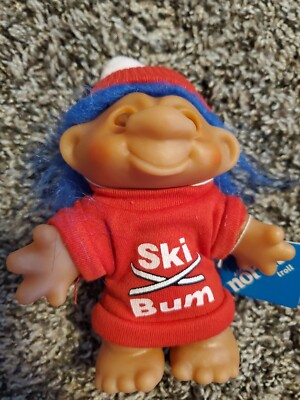 Vintage Troll Doll 5'' Dam Norfin- 1986 Ski Bum 5411- Blue Hair Complete With Hat