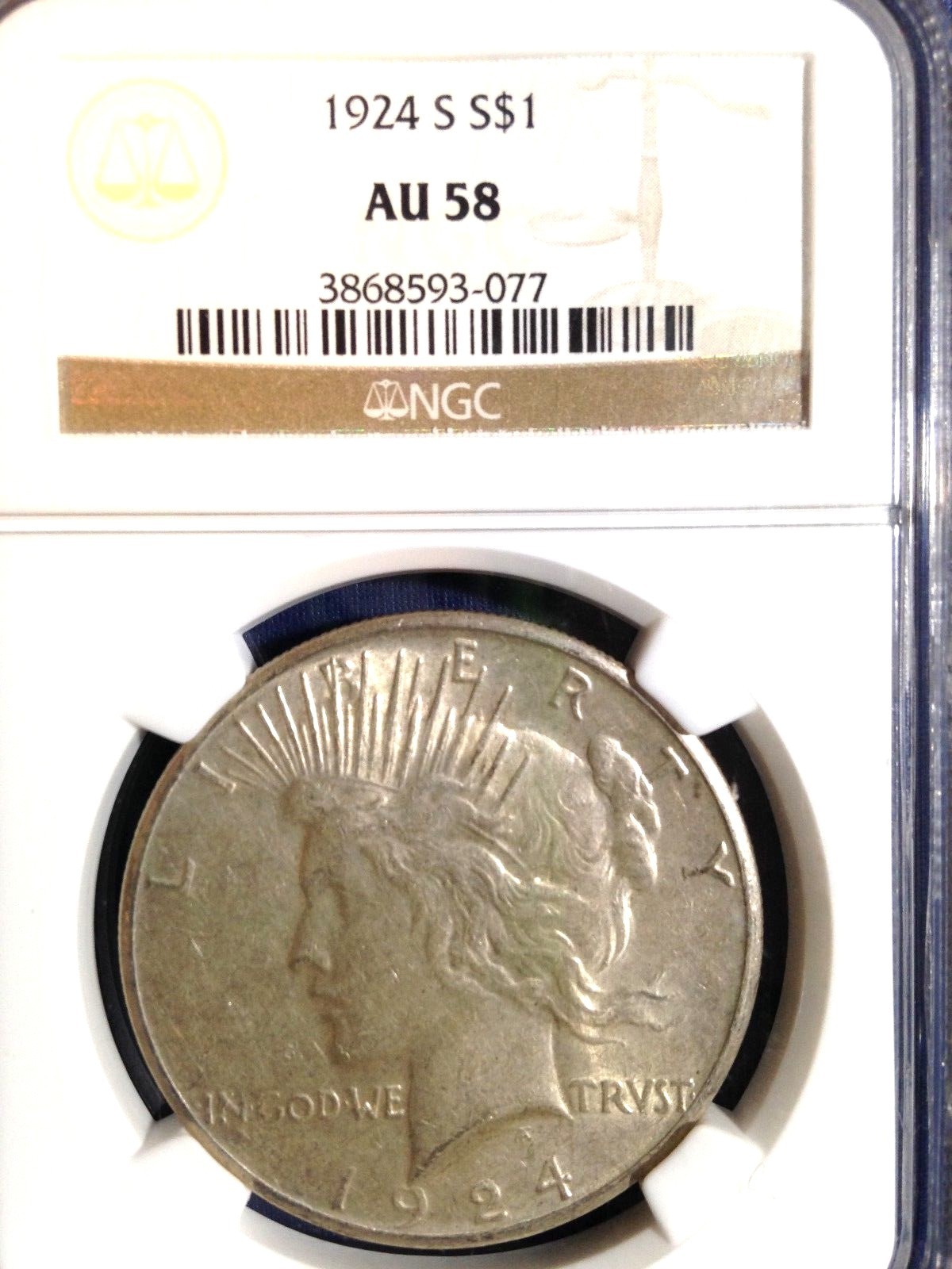 1924-S Peace Silver Dollar NGC AU 58 AU About Uncirculated Great Eye Appeal