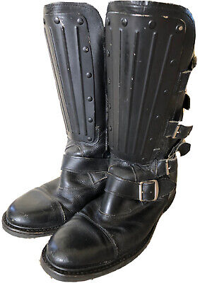 Vtg Black Leather 5 Buckle Boots Metal Shins Sz UK 7 Commando Soles England