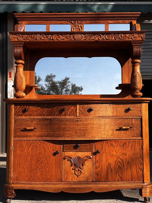 19th Century Antique Tiger Oak Buffet/Hutch