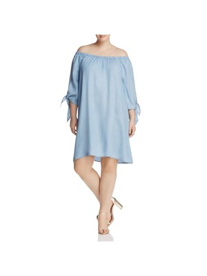 

КОЛЛЕКЦИЯ BOBEAU Женское синее платье прямого кроя с завязками из шамбре и рукавами 3/4 Plus, Синий