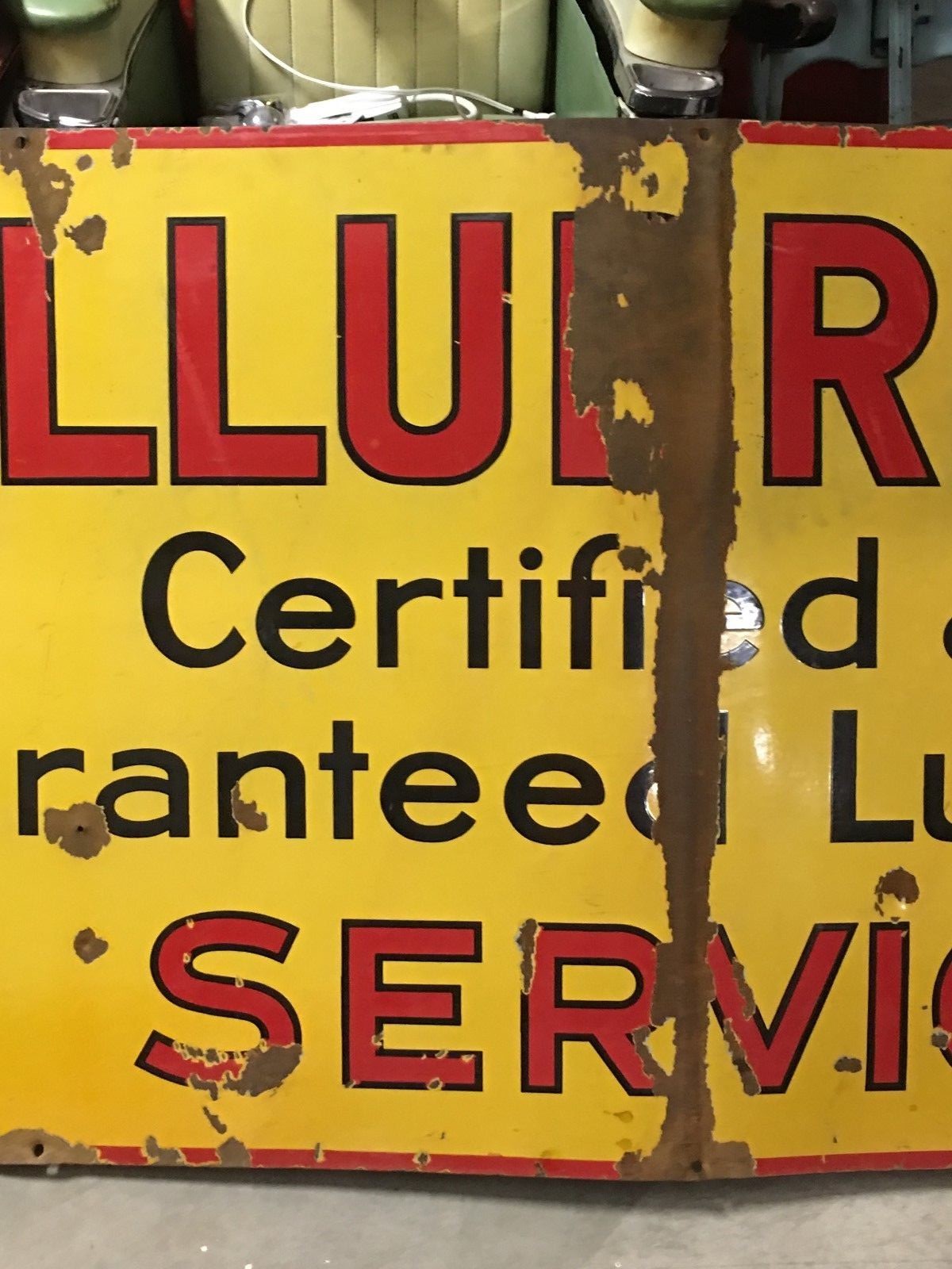 LARGE ORIGINAL Vintage SHELL SHELLUBRICATION Porcelain SIGN Gas Oil Patina OLD