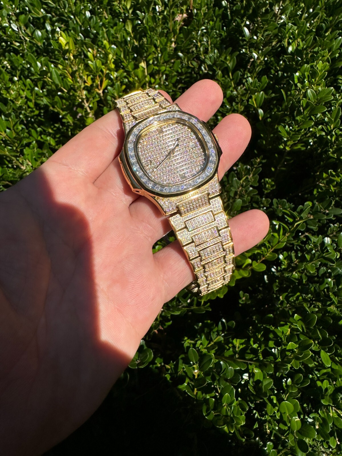 Pre-owned Real Mens Baguette 14k Gold  Moissanite Watch Iced Automatic Movement Hiphop