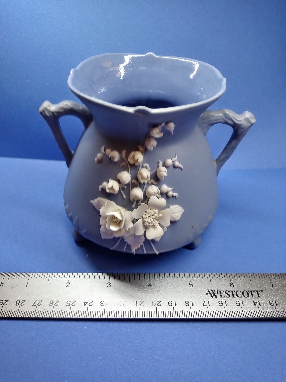 Lefton blue bisque  2183- 4 inch vase/flower pot, lillies of the valley