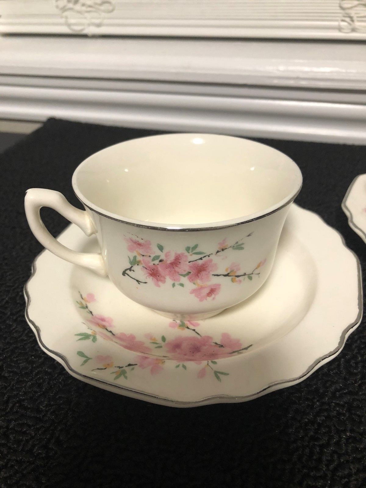 W S George White Lido Peach Blossom Platinum cup & saucer pre-owned