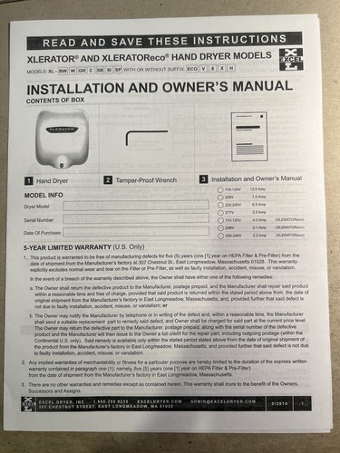 EXCEL XL-SB .8N XLERATOR HAND DRYER BRUSHED STAINLESS BATHROOM WALL MOUNT XL W C