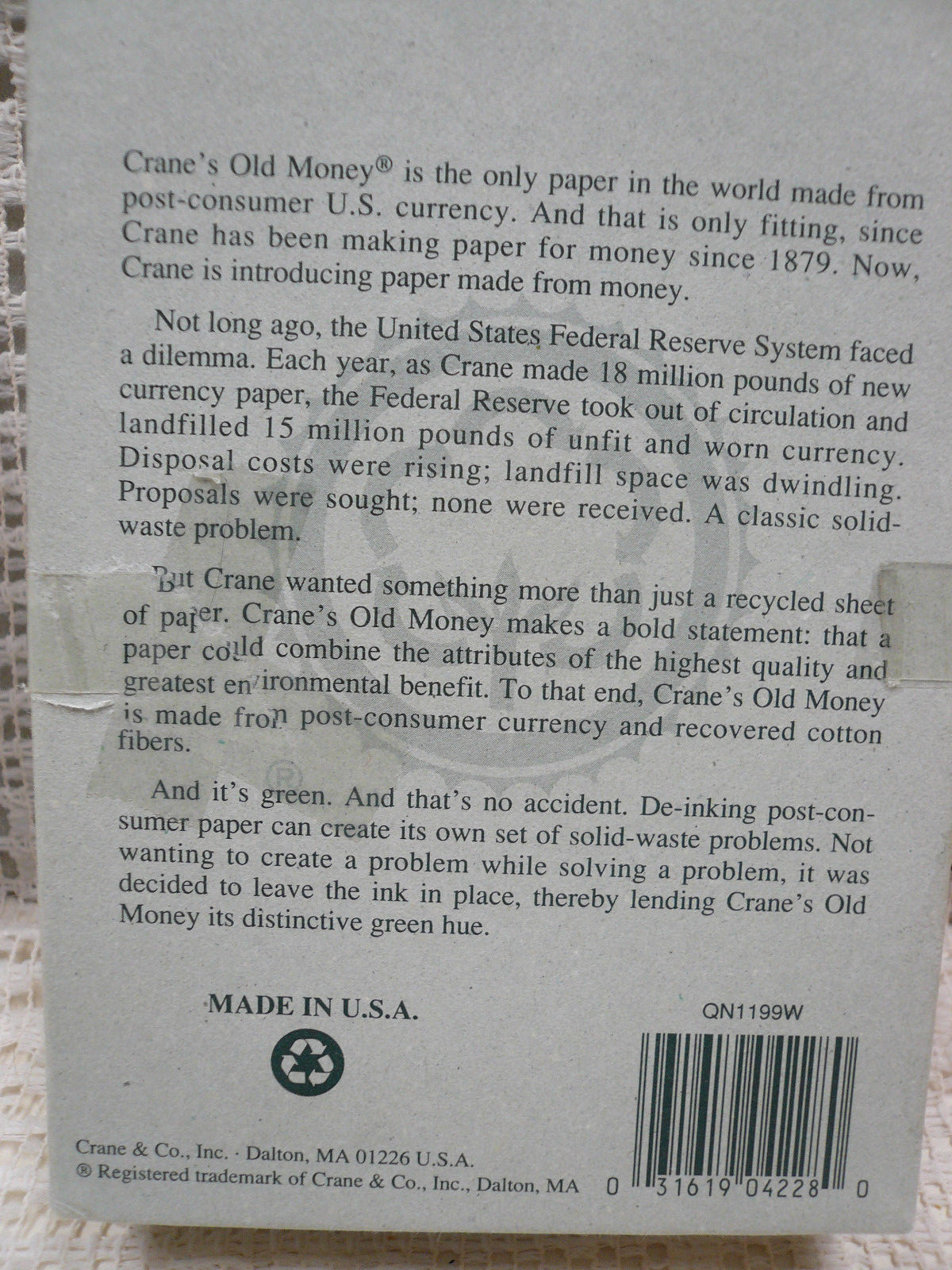 Recycled Old Money Green Bills Currency 15 Notes & 16 Envelops Crane Co. USA Lot