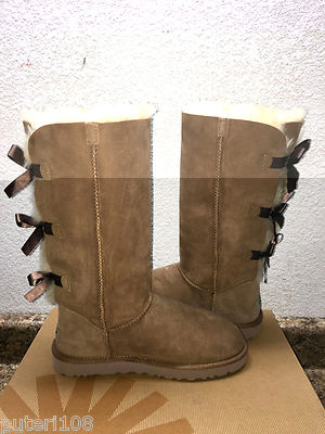 Pre-owned Ugg Bailey Bow Triplet Tall Chestnut Women Usa 9 / Eu 40 / Uk 7.5 - In Brown
