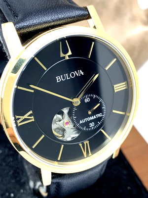Bulova Men s Watch 97A154 Automatic Black Dial Leather Strap 42mm Gold Tone Case
