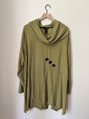 Ali Miles Shirt Womens 3X Yellow Black Oversized Funky Art Stretch Buttons NEW