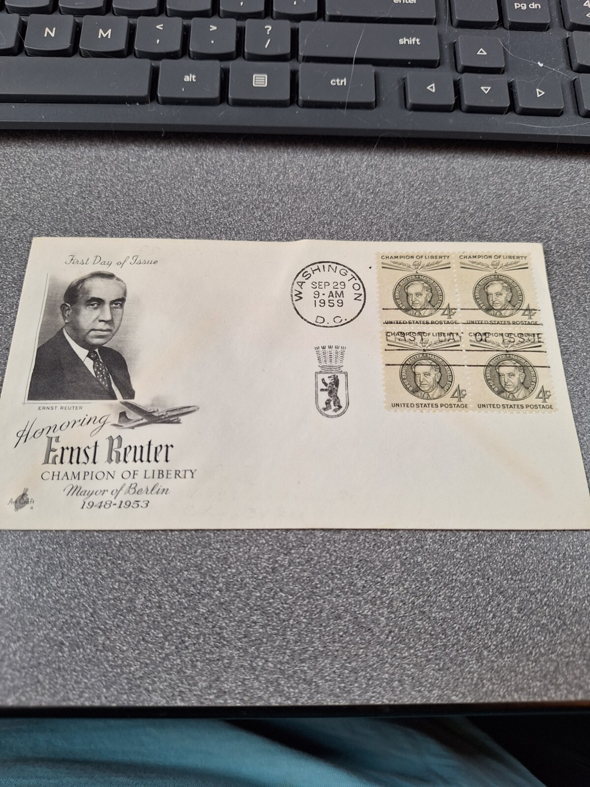 1959 First day cover 4 cent stamp (4) Ernst Reuter cachet art envelope 