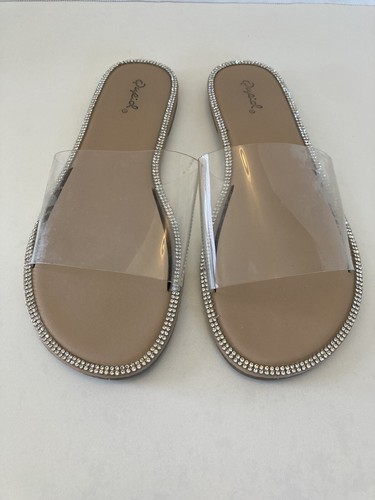 Qupid Single Band Clear Open Toe Slides Sandals Flats Womens