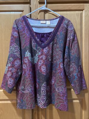 Northcrest Layered Look Top Shirt XL 18 Purple Red Paisley Floral Crochet Womens