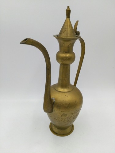 Vintage Solid Brass Etched Floral Tea Pot Made in India 11.5