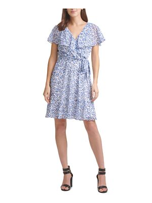 DKNY Womens Belted Lined Flutter Sleeve Short Evening Faux Wrap Dress