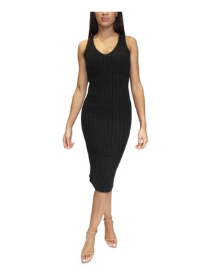 ПОЧТИ ЗНАМЕНИТОЕ женское черное платье-свитер длиной до колен без рукавов с ресницами в рубчик L