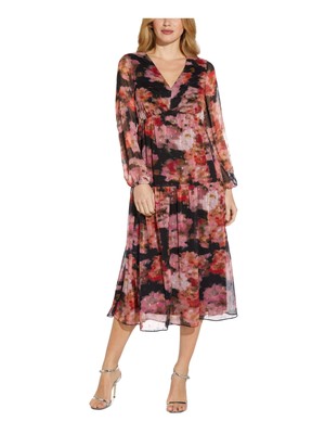 

ADRIANNA PAPELL Женское коралловое платье-блузон с рукавами V-образным вырезом Midi Fit + Flare Dress, Коралл