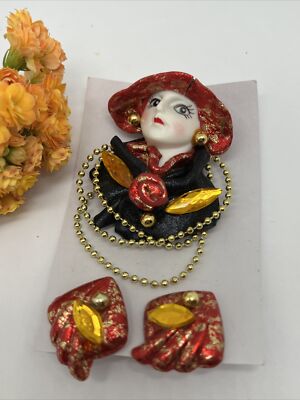 Vintage Handcrafted Fancy Dressed Lady Brooch Pin & Earring Set (6924)