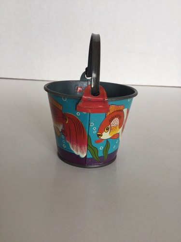 Vintage Mini Tin Litho Sand Pail With Ocean And Fish Theme