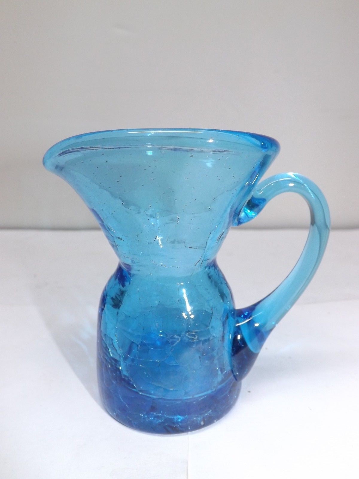 HAND BLOWN BLUE CRACKLE GLASS MINIATURE CRUET PITCHER